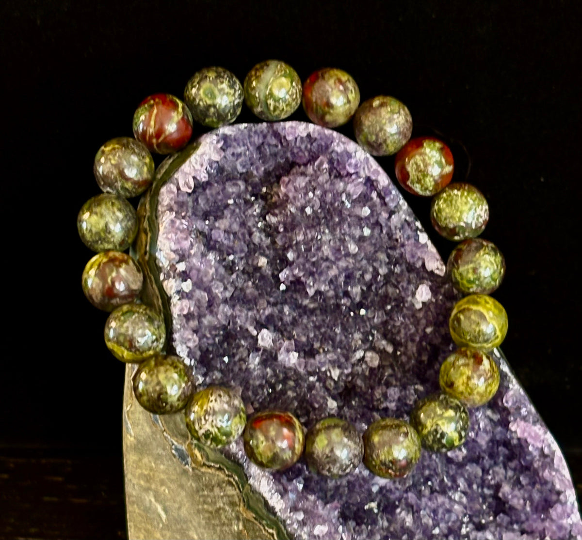 Reiki-Infused Natural Dragon Bloodstone Bracelet for Courage, Life Force Vitality & Heart-Root Alignment (8mm)