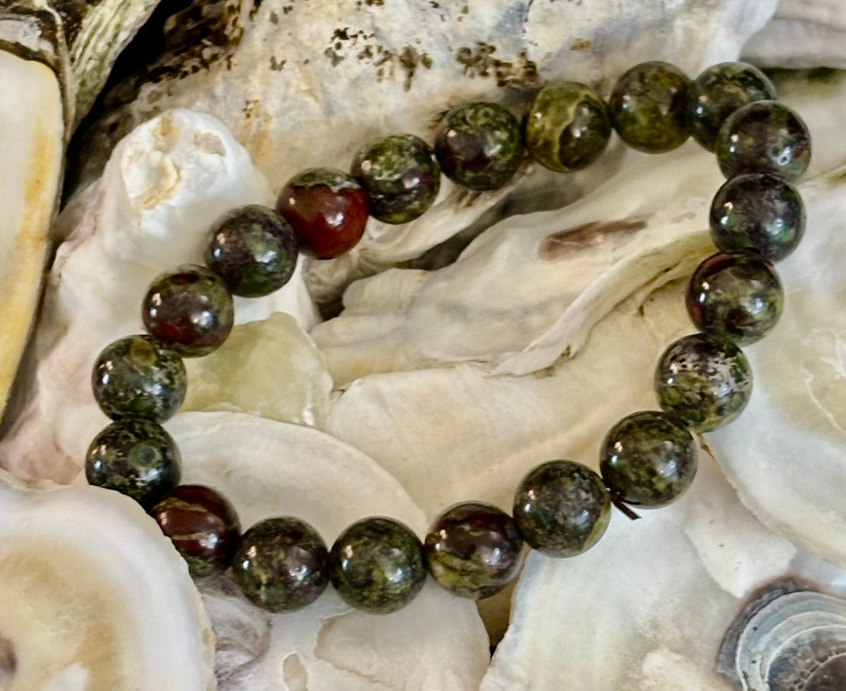 Reiki-Infused Natural Dragon Bloodstone Bracelet for Courage, Life Force Vitality & Heart-Root Alignment (8mm)