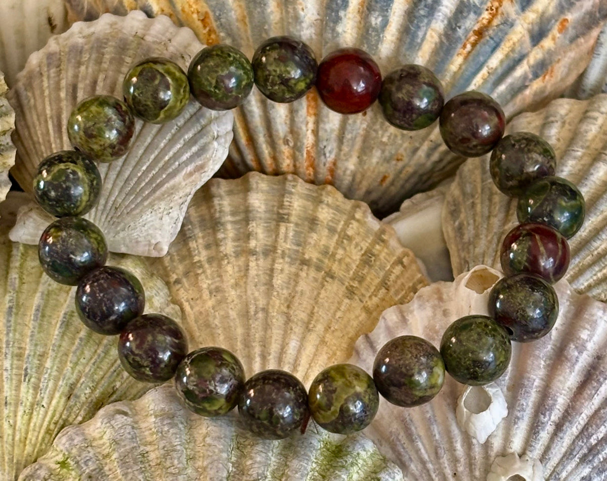 Reiki-Infused Natural Dragon Bloodstone Bracelet for Courage, Life Force Vitality & Heart-Root Alignment (8mm)