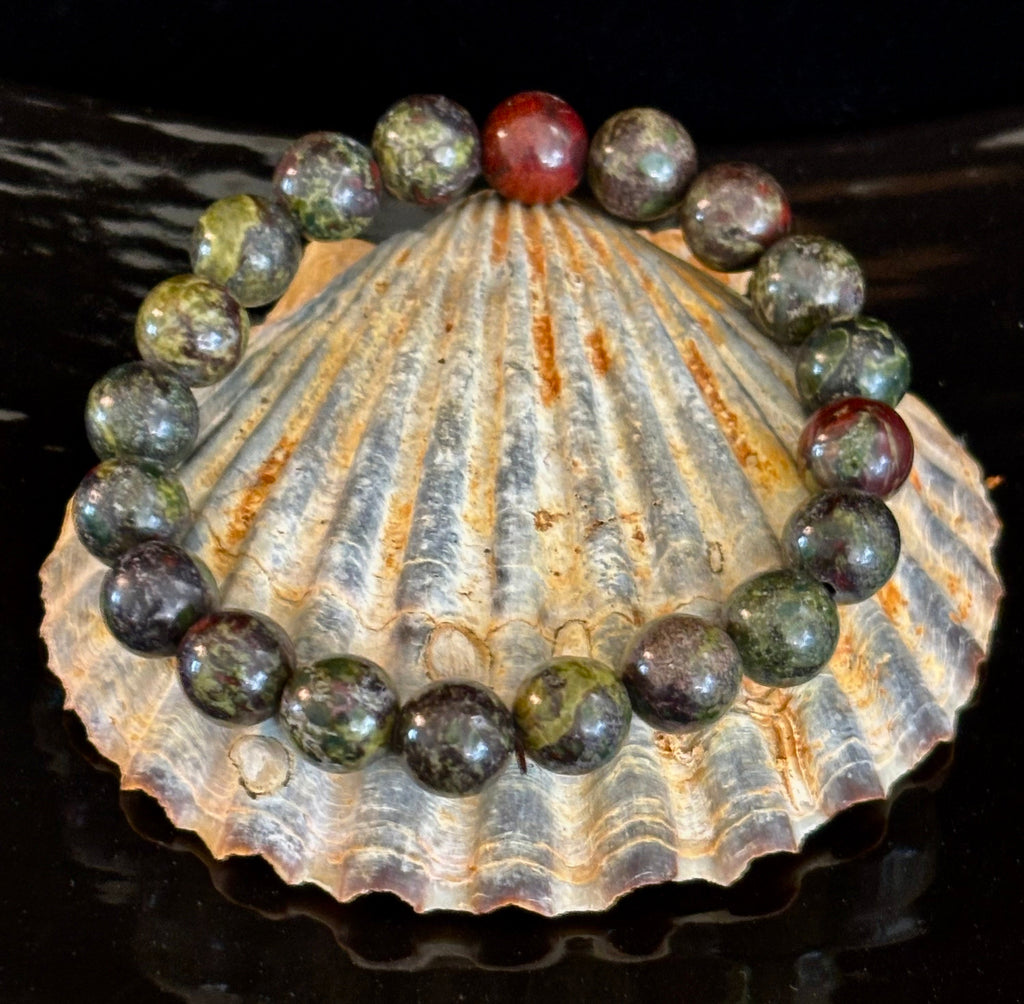 Reiki-Infused Natural Dragon Bloodstone Bracelet for Courage, Life Force Vitality & Heart-Root Alignment (8mm)