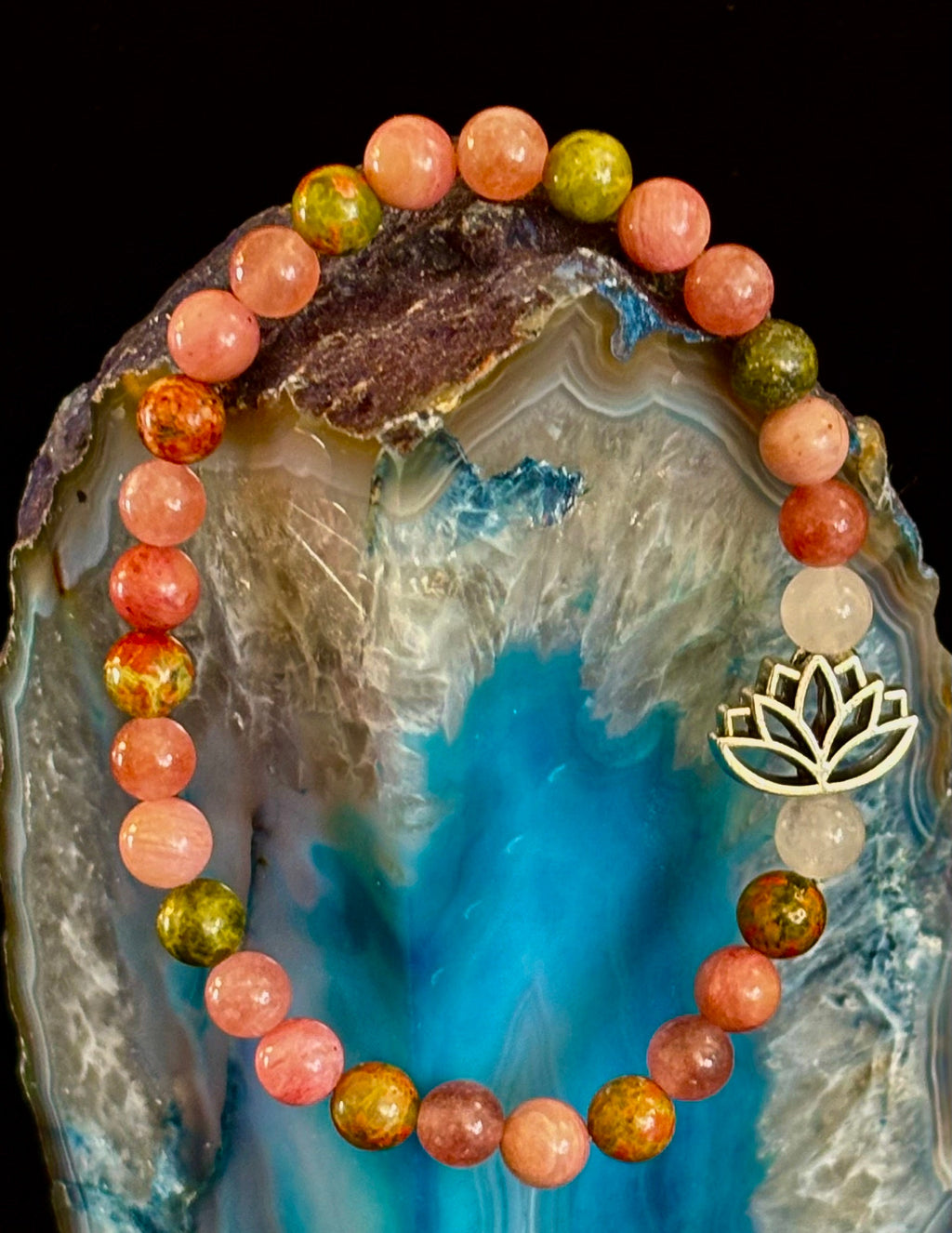 Reiki-Infused Heart Chakra Bracelet with Lotus Charm – Rose Quartz, Rhodonite & Unakite for Self-Love & Healing (6mm)