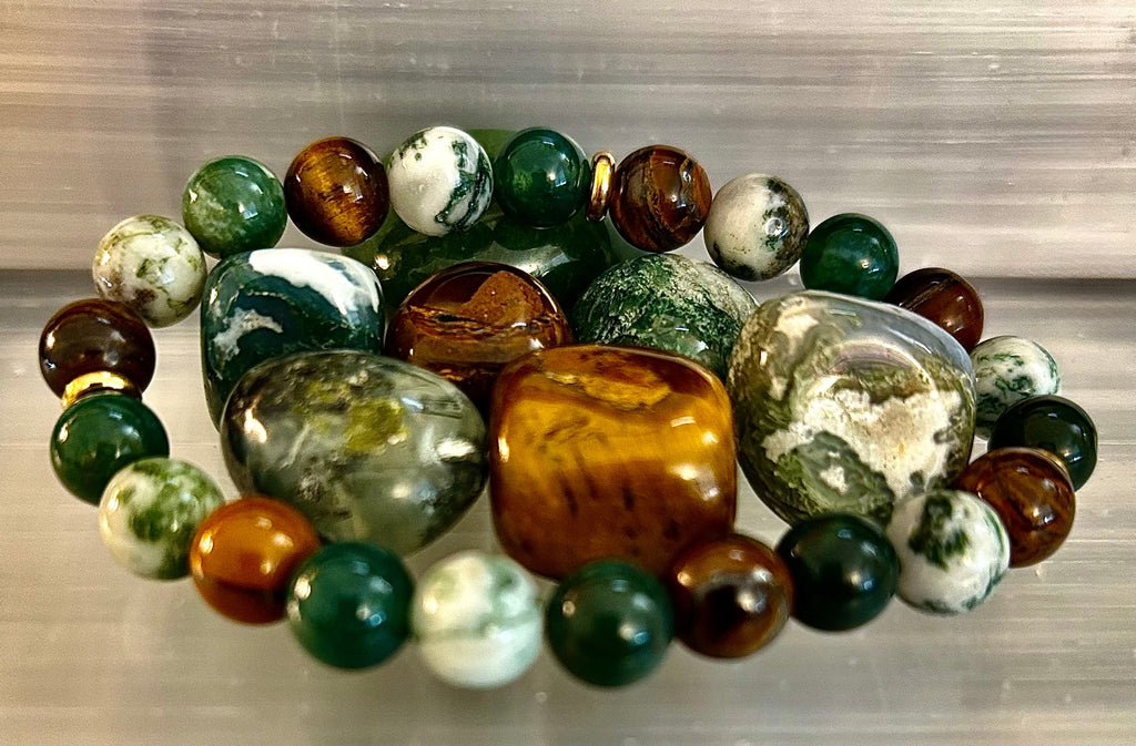 Reiki-Infused Natural Moss Agate & Tiger Eye Bracelet for Heart-Centered Abundance, Courage & Grounding (8mm)