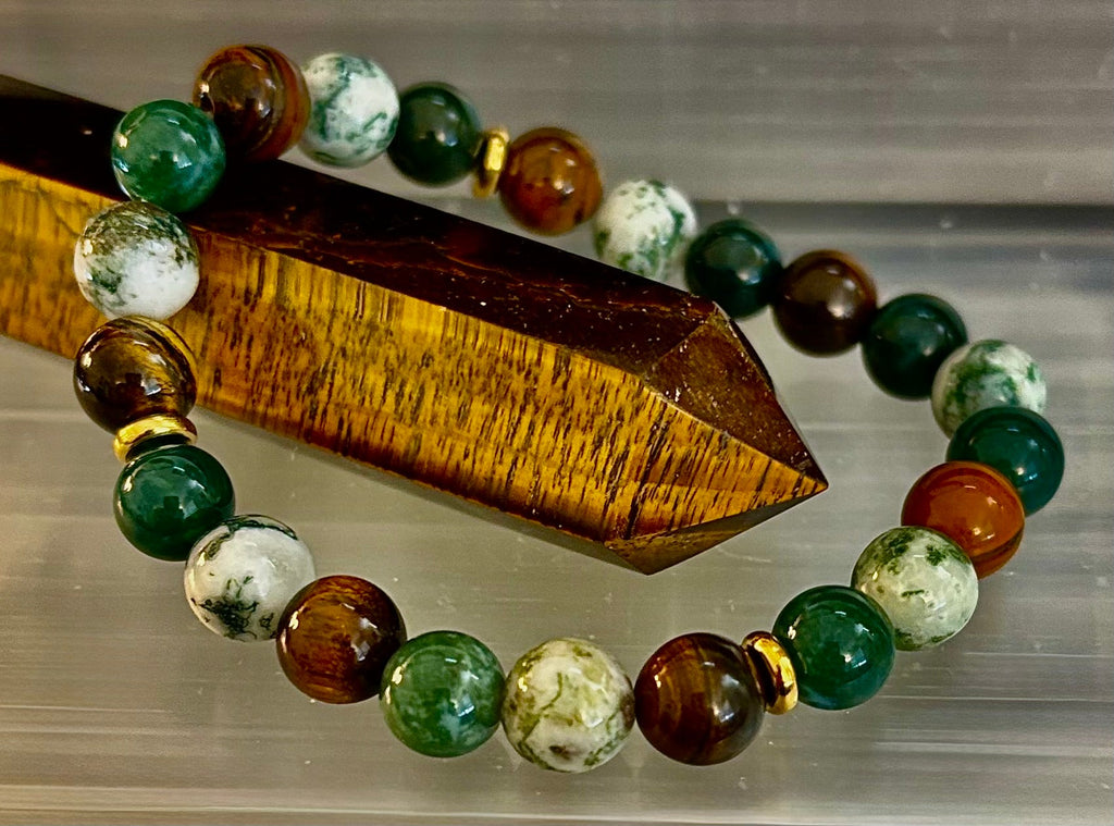 Reiki-Infused Natural Moss Agate & Tiger Eye Bracelet for Heart-Centered Abundance, Courage & Grounding (8mm)