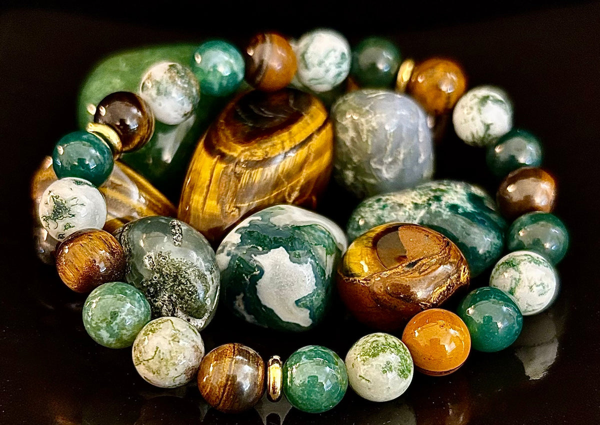 Reiki-Infused Natural Moss Agate & Tiger Eye Bracelet for Heart-Centered Abundance, Courage & Grounding (8mm)