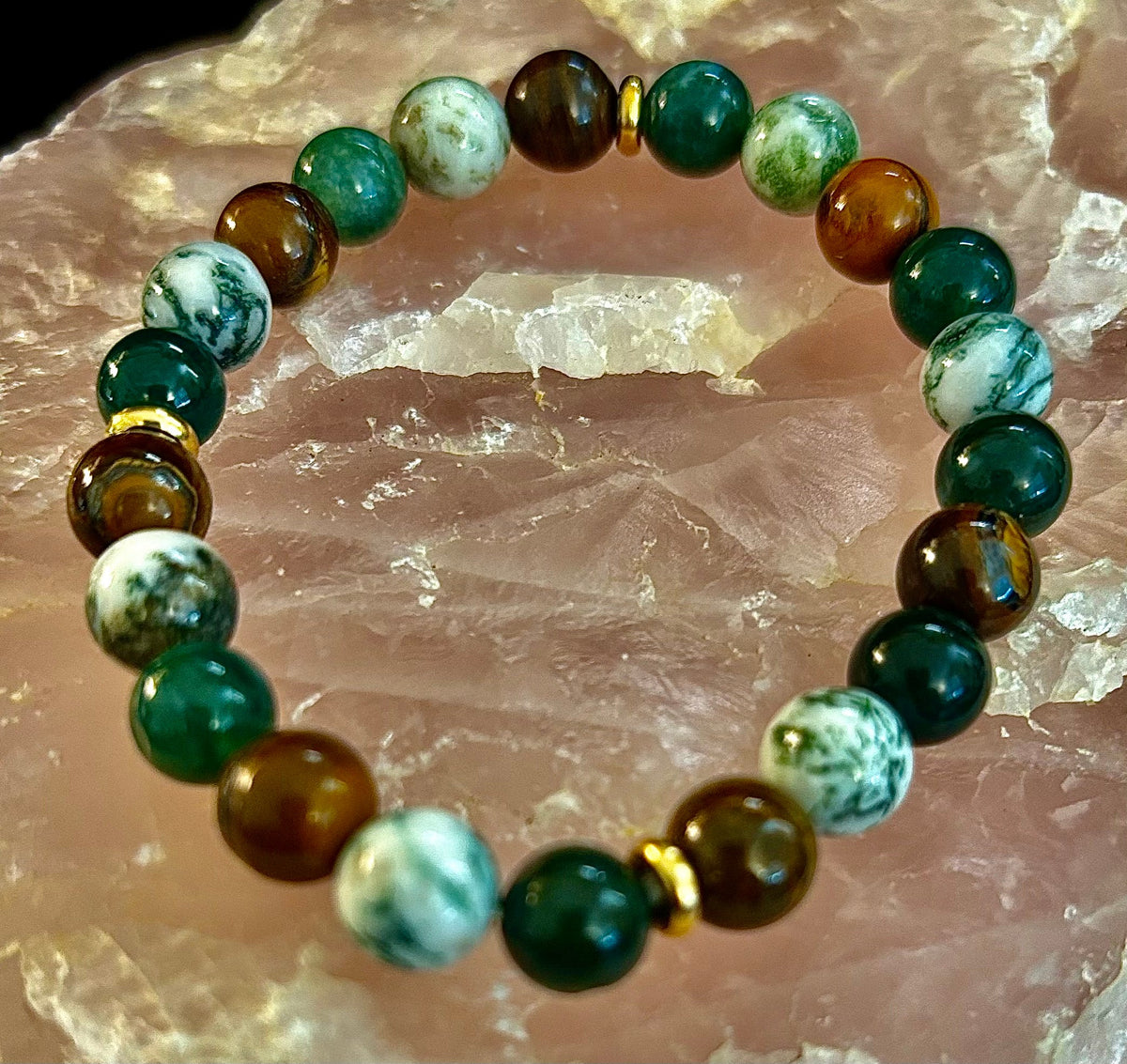 Reiki-Infused Natural Moss Agate & Tiger Eye Bracelet for Heart-Centered Abundance, Courage & Grounding (8mm)