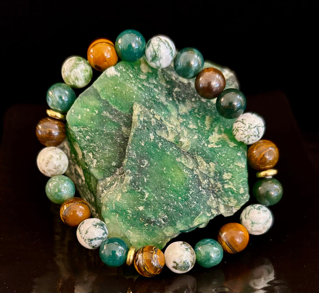 Reiki-Infused Natural Moss Agate & Tiger Eye Bracelet for Heart-Centered Abundance, Courage & Grounding (8mm)