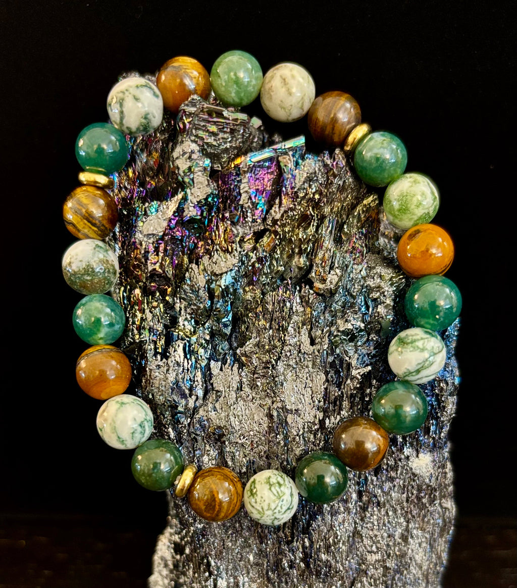Reiki-Infused Natural Moss Agate & Tiger Eye Bracelet for Heart-Centered Abundance, Courage & Grounding (8mm)