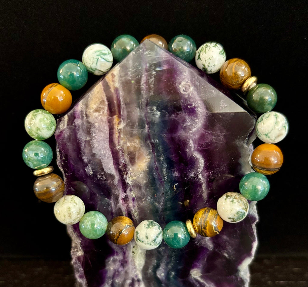 Reiki-Infused Natural Moss Agate & Tiger Eye Bracelet for Heart-Centered Abundance, Courage & Grounding (8mm)