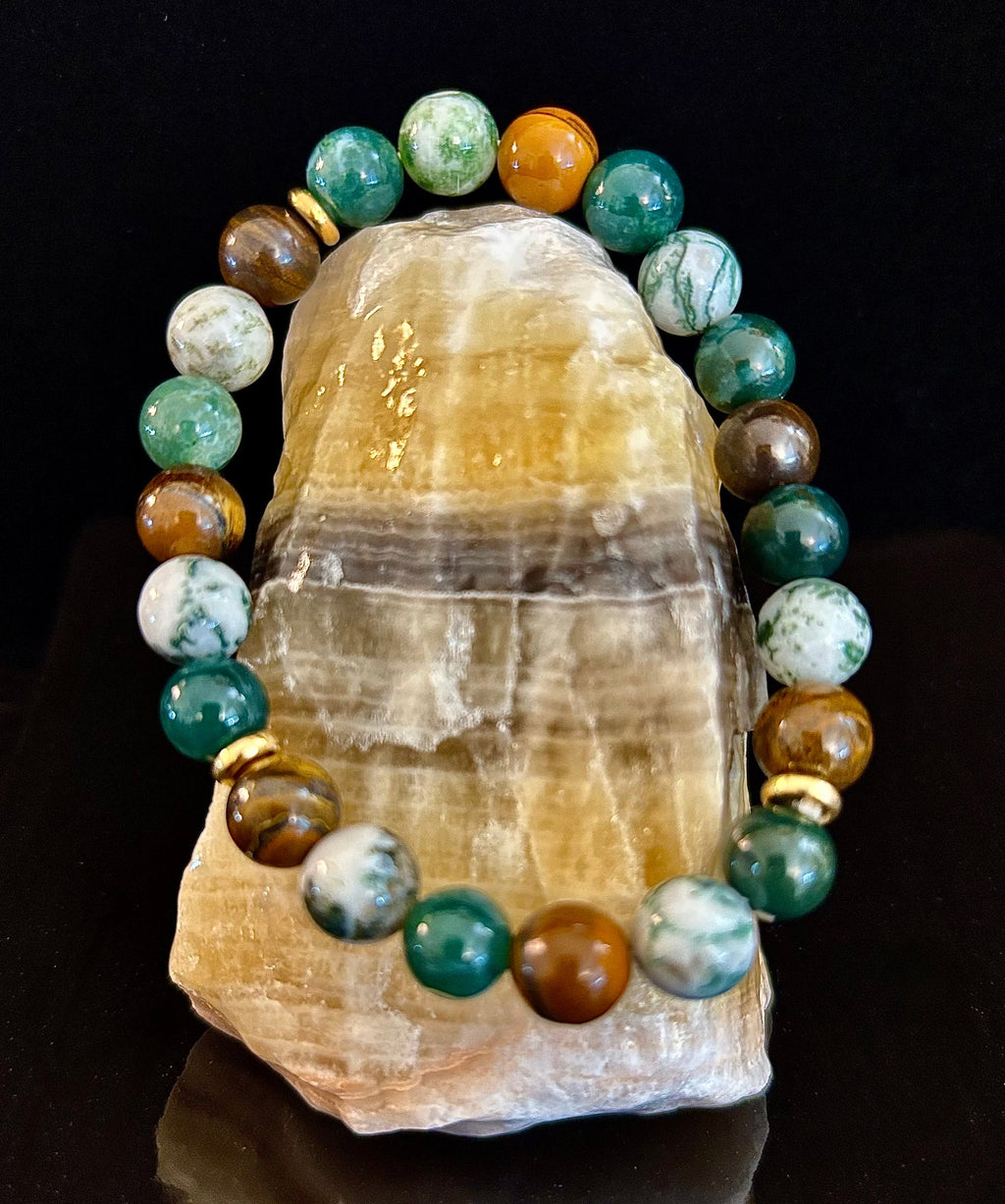 Reiki-Infused Natural Moss Agate & Tiger Eye Bracelet for Heart-Centered Abundance, Courage & Grounding (8mm)