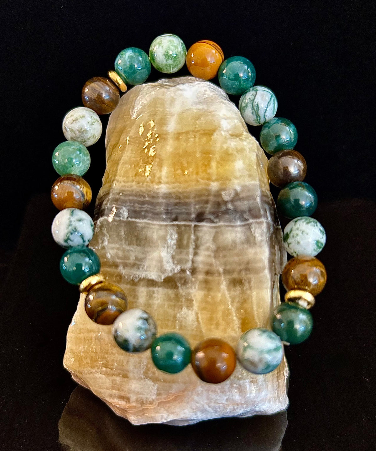 Reiki-Infused Natural Moss Agate & Tiger Eye Bracelet for Heart-Centered Abundance, Courage & Grounding (8mm)