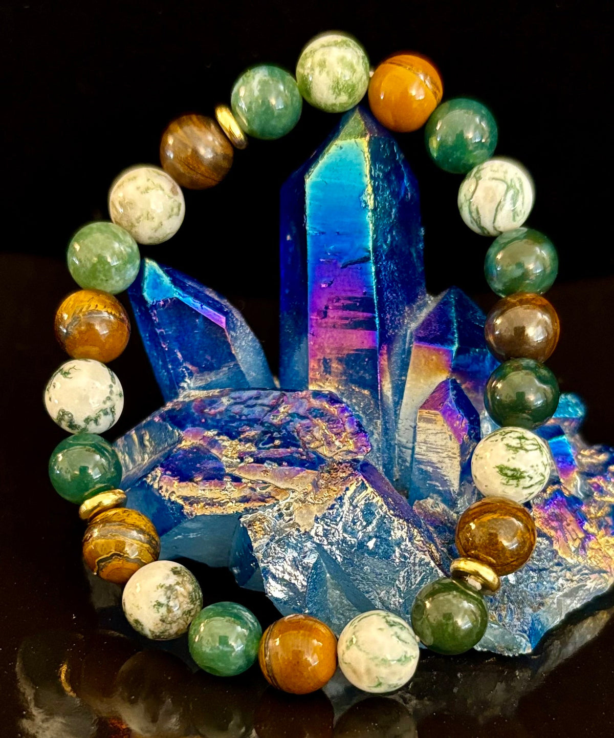 Reiki-Infused Natural Moss Agate & Tiger Eye Bracelet for Heart-Centered Abundance, Courage & Grounding (8mm)