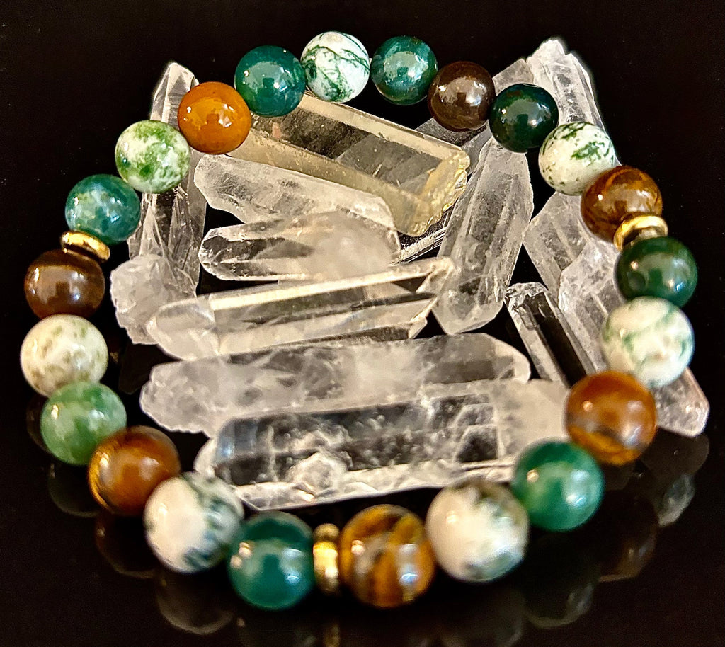 Reiki-Infused Natural Moss Agate & Tiger Eye Bracelet for Heart-Centered Abundance, Courage & Grounding (8mm)