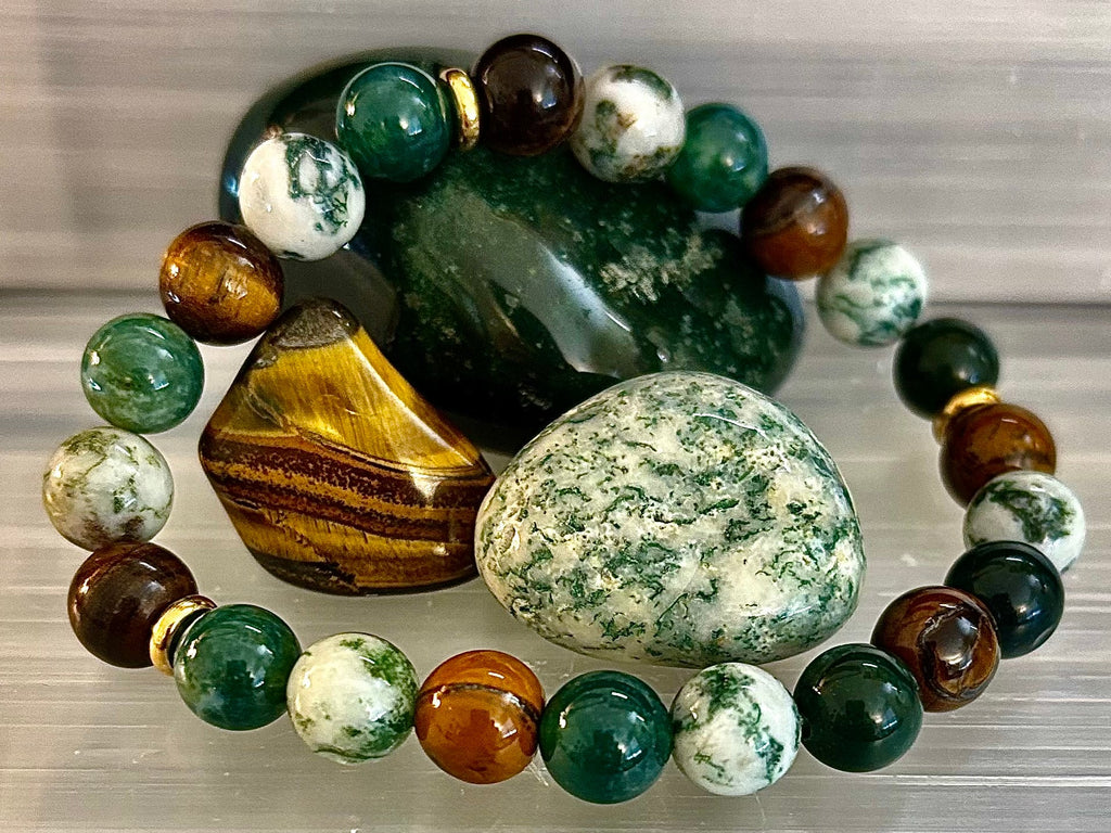Reiki-Infused Natural Moss Agate & Tiger Eye Bracelet for Heart-Centered Abundance, Courage & Grounding (8mm)