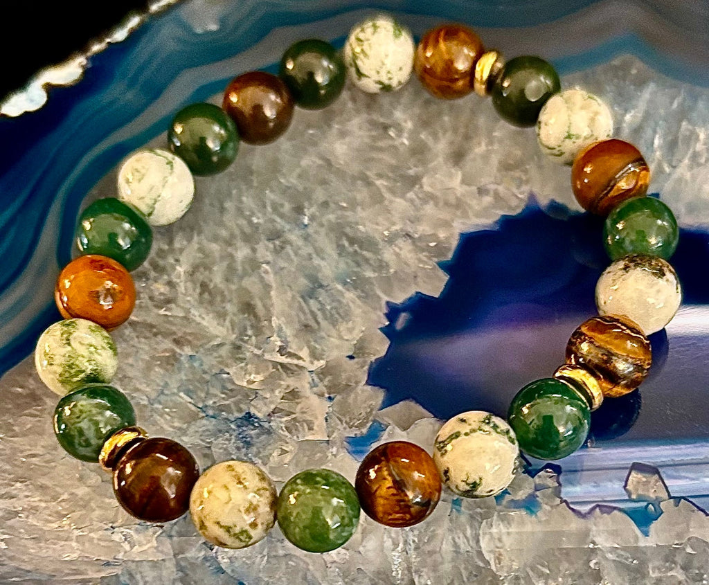 Reiki-Infused Natural Moss Agate & Tiger Eye Bracelet for Heart-Centered Abundance, Courage & Grounding (8mm)