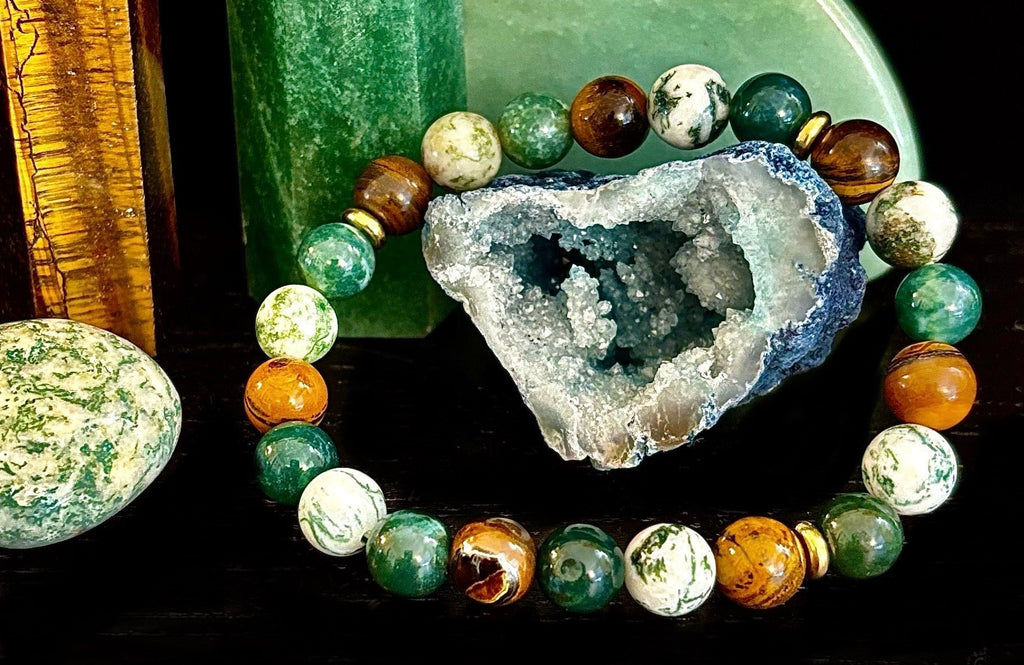 Reiki-Infused Natural Moss Agate & Tiger Eye Bracelet for Heart-Centered Abundance, Courage & Grounding (8mm)