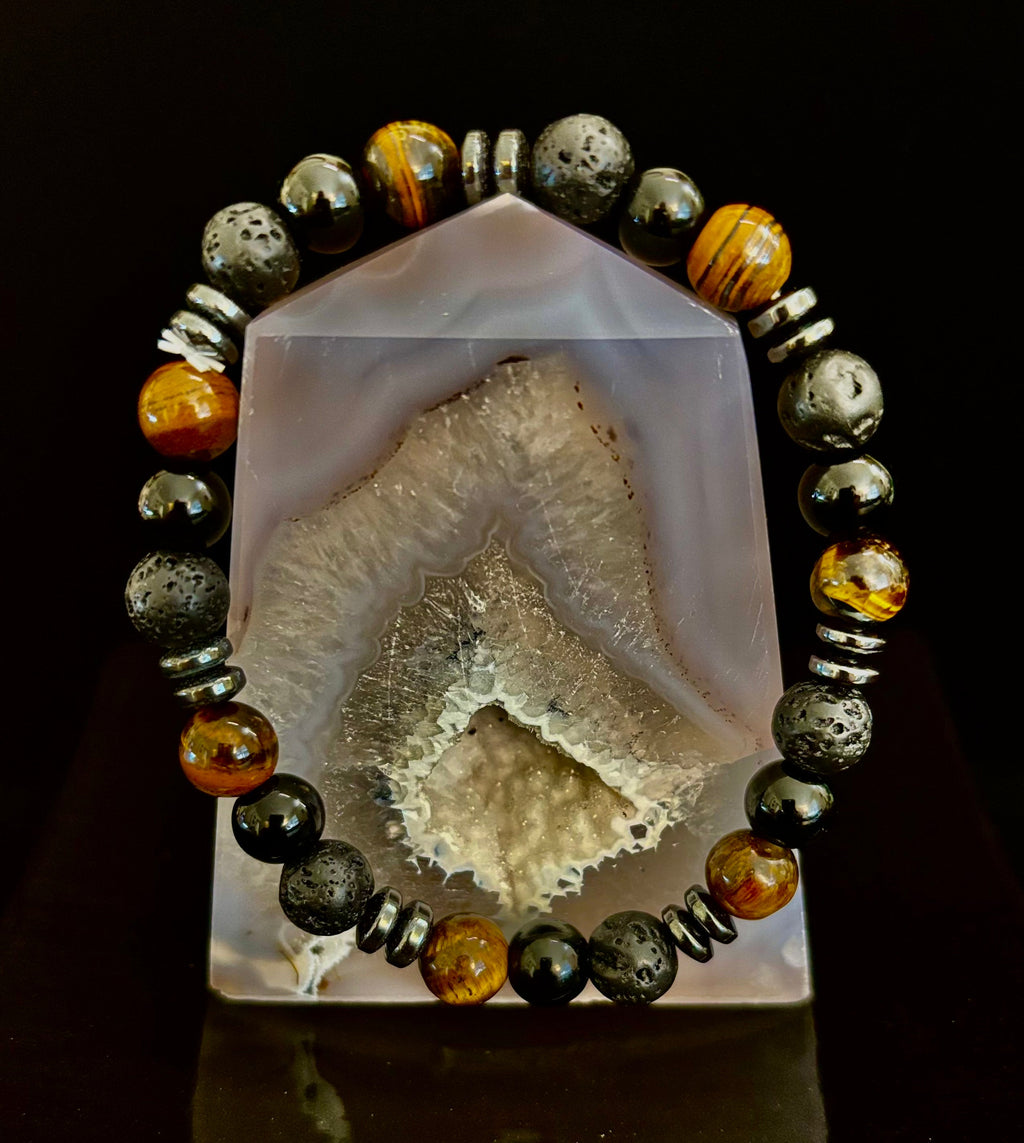 Men's Energy Bracelet – Tiger Eye, Black Onyx & Lava Rock with Black Metal Spacers (Fits Large Wrists)