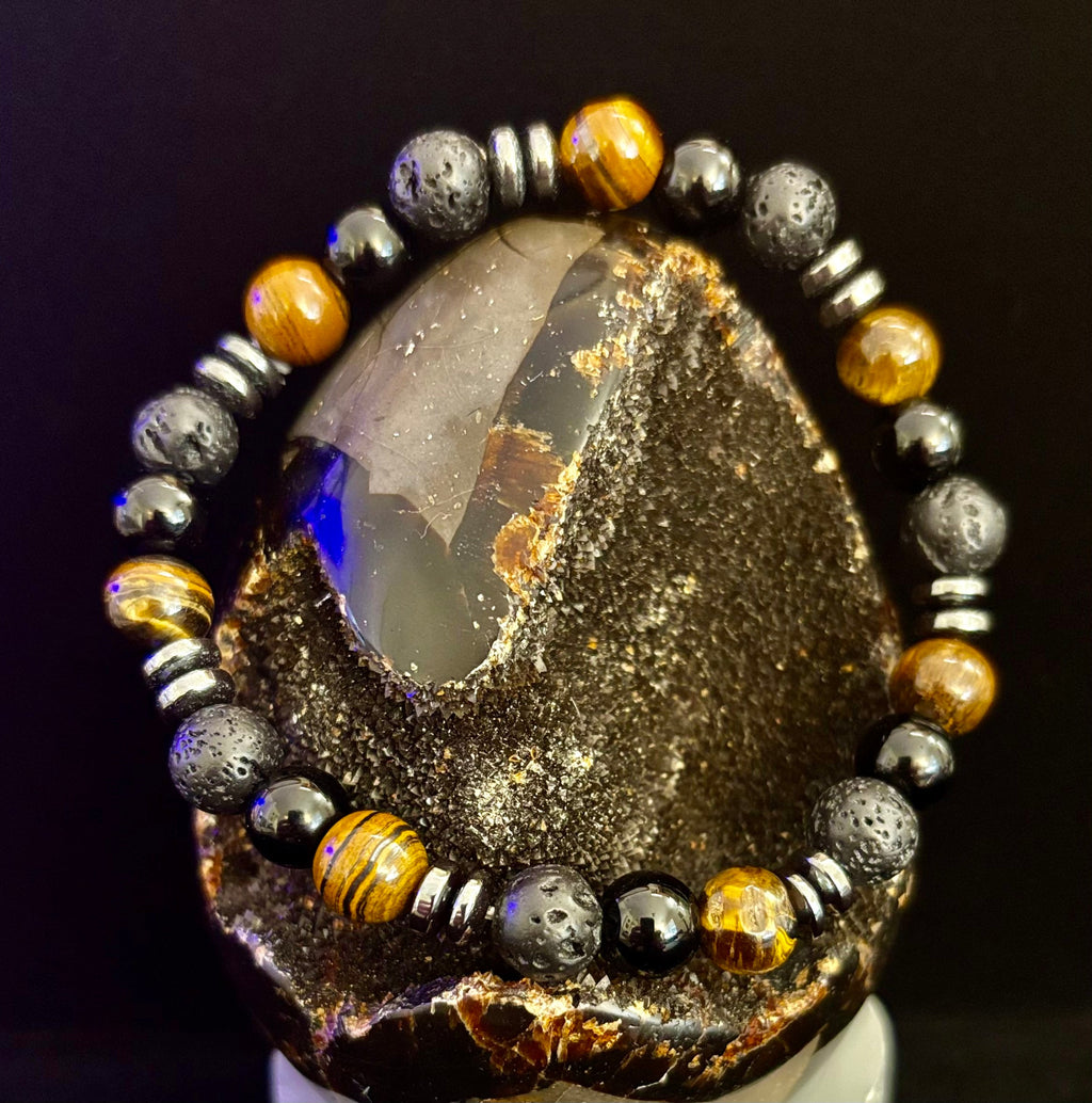 Men's Energy Bracelet – Tiger Eye, Black Onyx & Lava Rock with Black Metal Spacers (Fits Large Wrists)