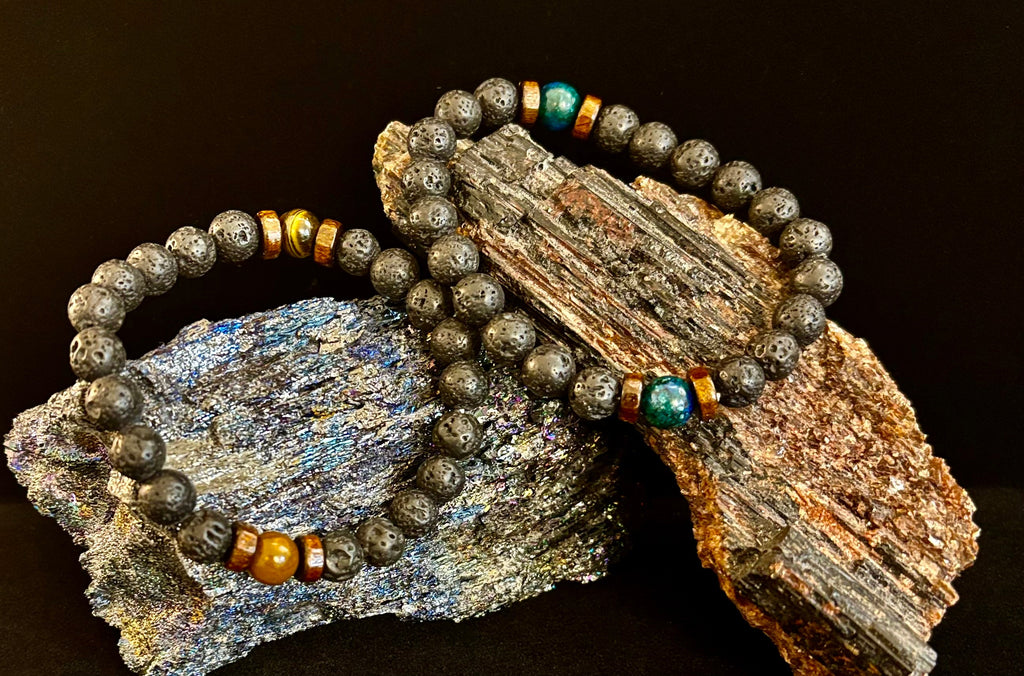 Reiki-Infused Men’s Lava Rock & Glossy Black Stone Bracelet Collection – Grounding, Protection & Aromatherapy Diffusion (8mm)