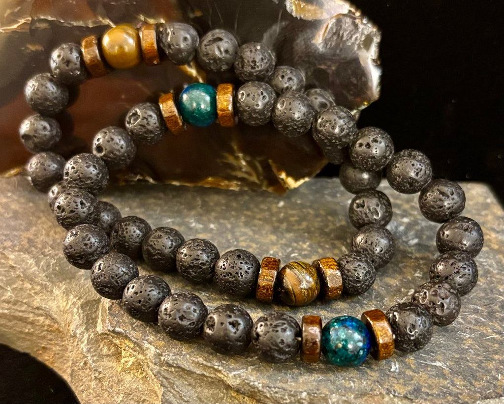 Reiki-Infused Men’s Lava Rock & Glossy Black Stone Bracelet Collection – Grounding, Protection & Aromatherapy Diffusion (8mm)