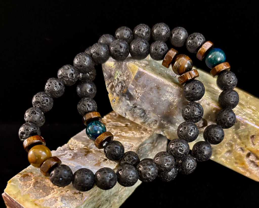 Reiki-Infused Men’s Lava Rock & Glossy Black Stone Bracelet Collection – Grounding, Protection & Aromatherapy Diffusion (8mm)