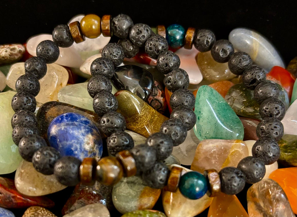 Reiki-Infused Men’s Lava Rock & Glossy Black Stone Bracelet Collection – Grounding, Protection & Aromatherapy Diffusion (8mm)