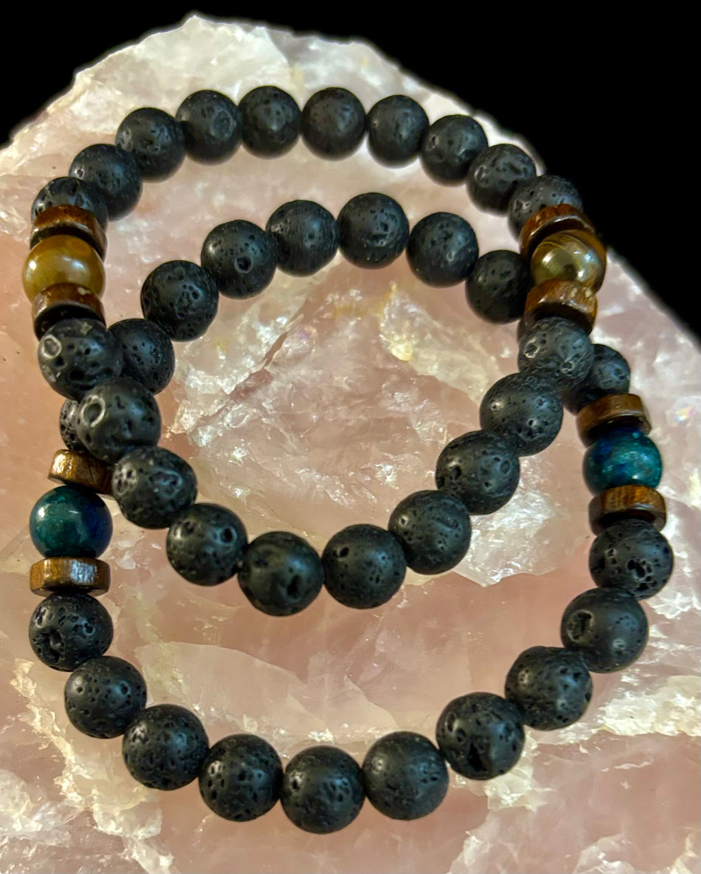 Reiki-Infused Men’s Lava Rock & Glossy Black Stone Bracelet Collection – Grounding, Protection & Aromatherapy Diffusion (8mm)
