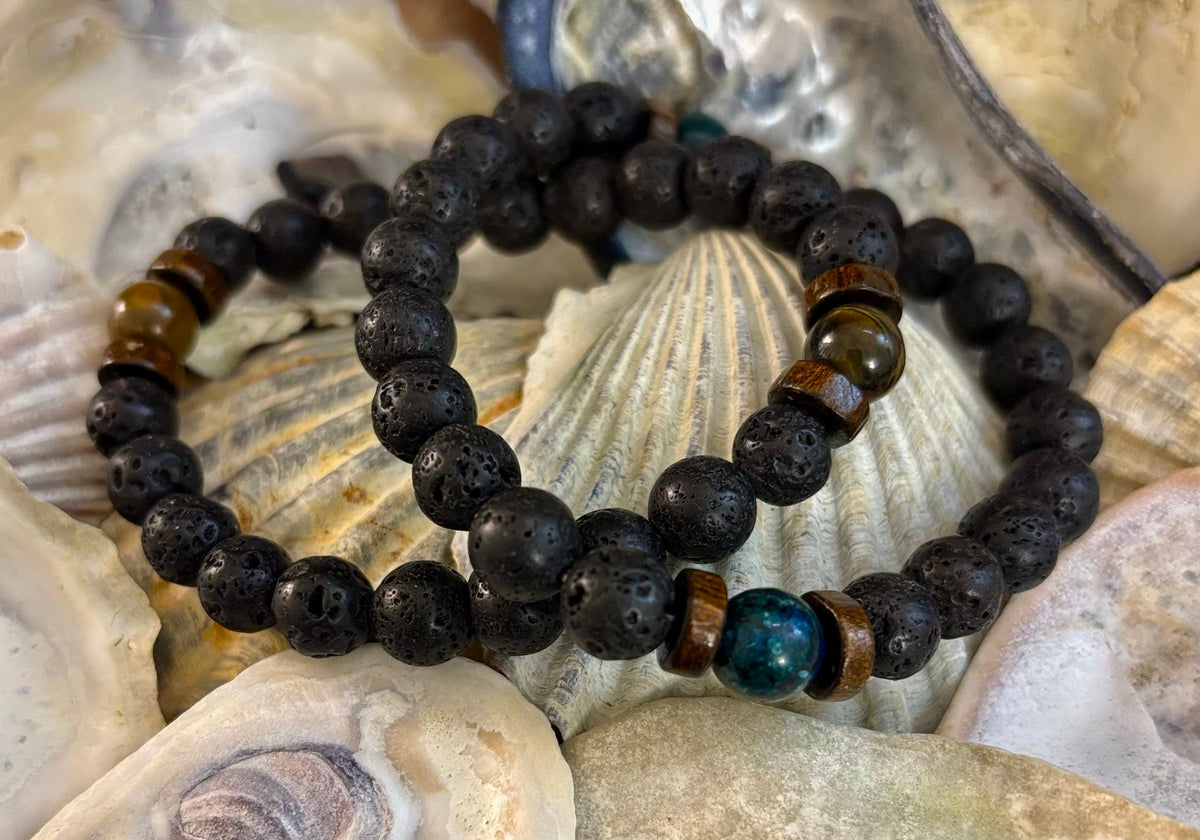 Reiki-Infused Men’s Lava Rock & Glossy Black Stone Bracelet Collection – Grounding, Protection & Aromatherapy Diffusion (8mm)