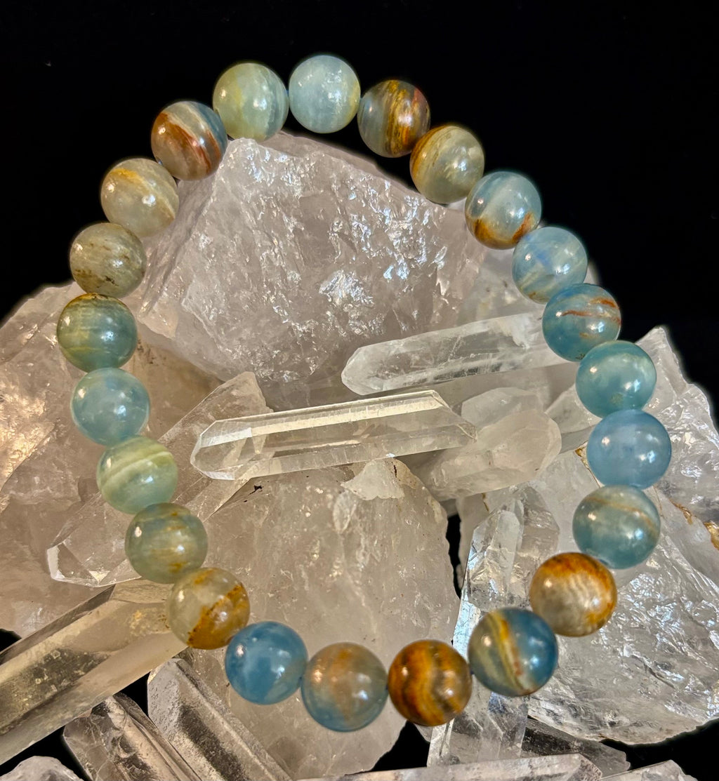 Aquatine Lemurian Calcite Bracelet (8mm) – Emotional Healing, Intuition & Inner Peace | Reiki-Infused Crystal Bracelet for Medium Wrists