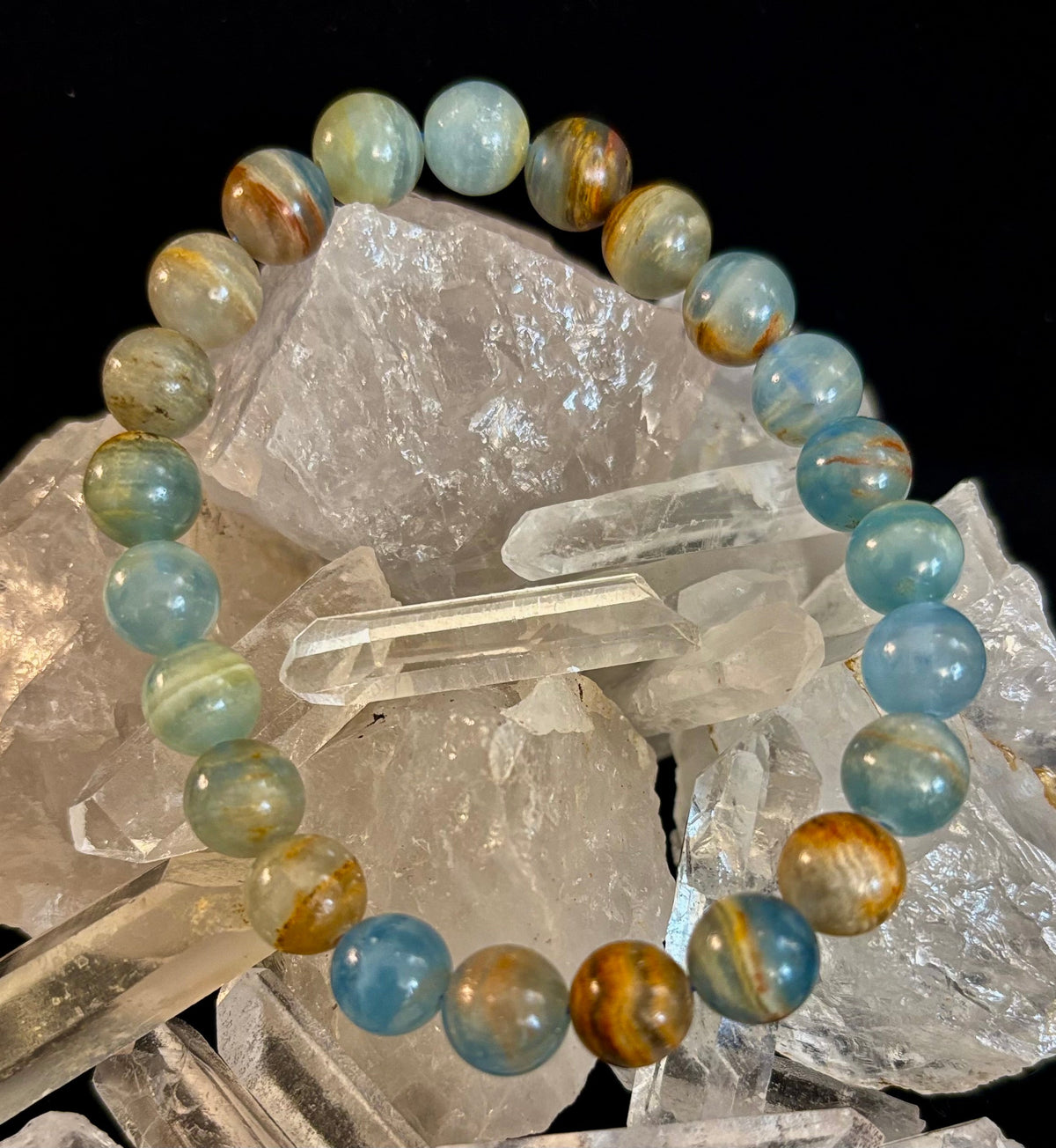 Aquatine Lemurian Calcite Bracelet (8mm) – Emotional Healing, Intuition & Inner Peace | Reiki-Infused Crystal Bracelet for Medium Wrists