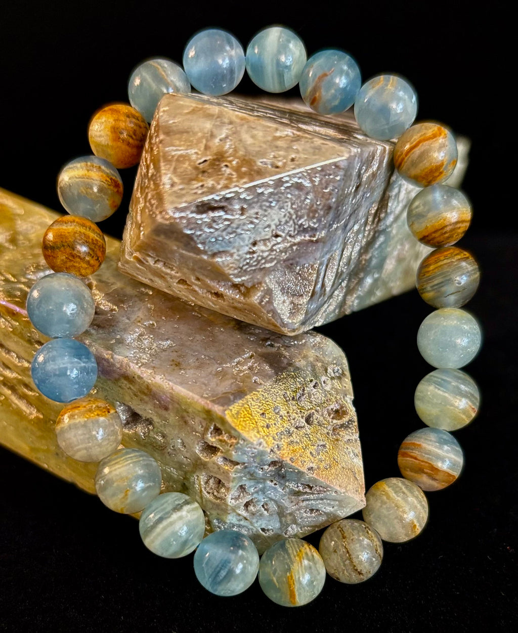 Aquatine Lemurian Calcite Bracelet (8mm) – Emotional Healing, Intuition & Inner Peace | Reiki-Infused Crystal Bracelet for Medium Wrists