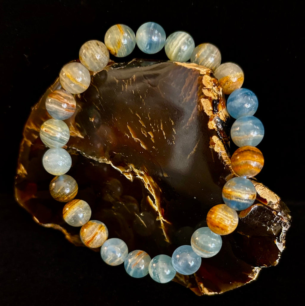 Aquatine Lemurian Calcite Bracelet (8mm) – Emotional Healing, Intuition & Inner Peace | Reiki-Infused Crystal Bracelet for Medium Wrists