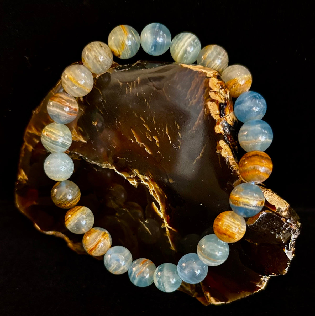 Aquatine Lemurian Calcite Bracelet (8mm) – Emotional Healing, Intuition & Inner Peace | Reiki-Infused Crystal Bracelet for Medium Wrists