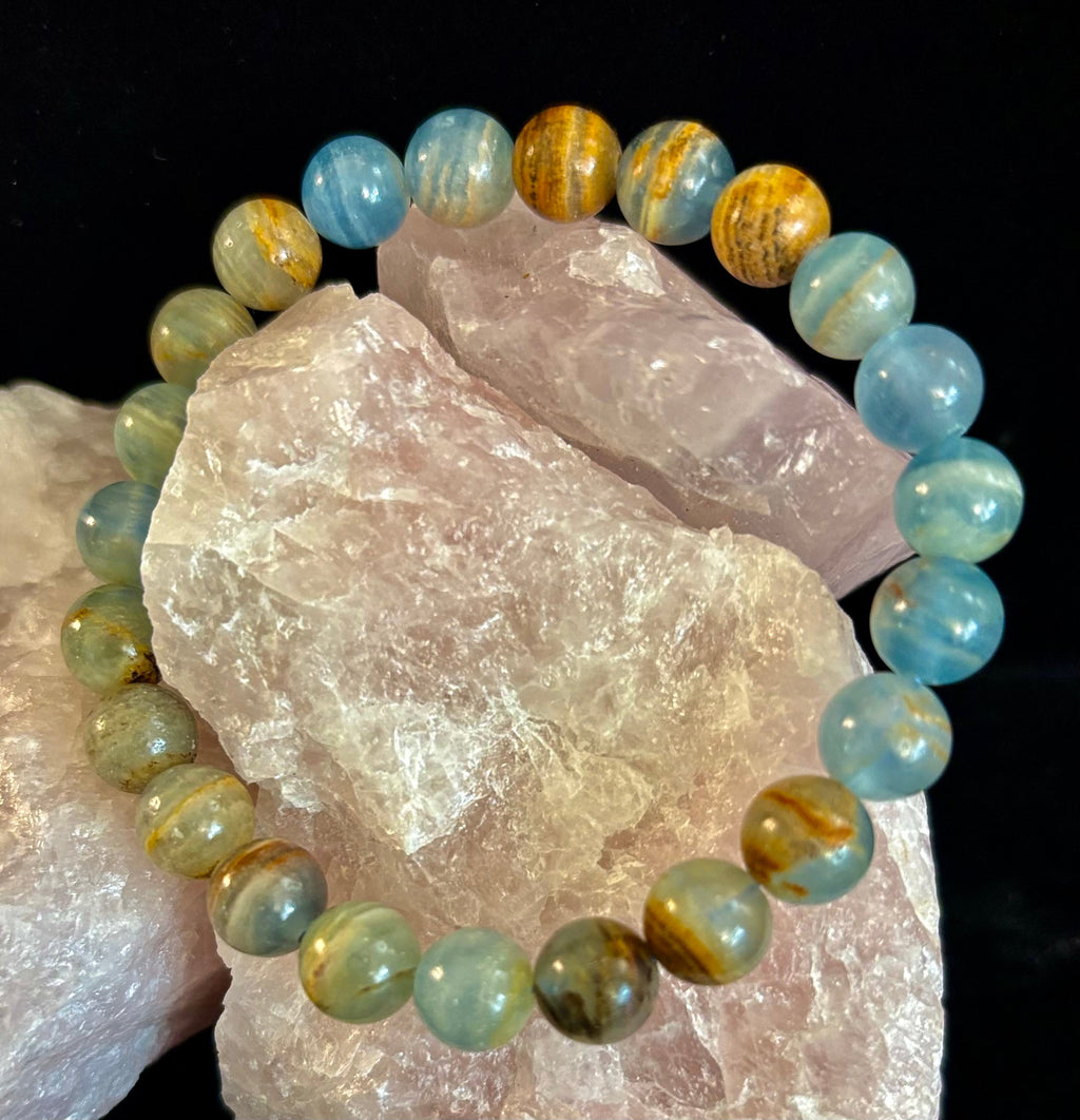 Aquatine Lemurian Calcite Bracelet (8mm) – Emotional Healing, Intuition & Inner Peace | Reiki-Infused Crystal Bracelet for Medium Wrists