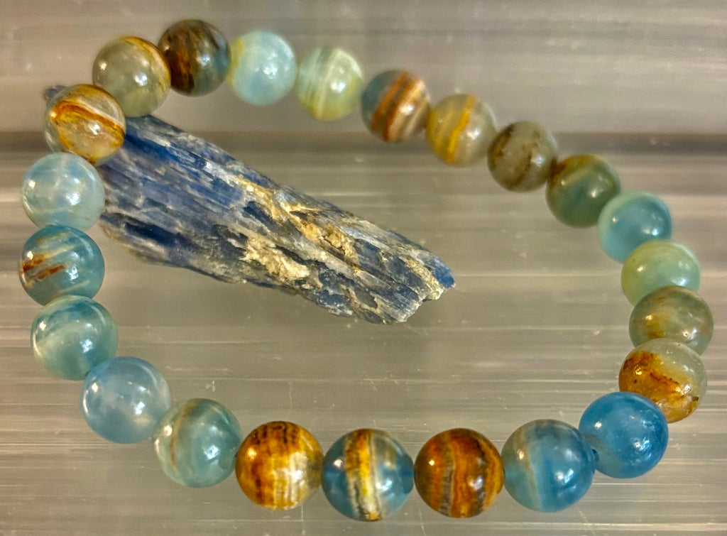 Aquatine Lemurian Calcite Bracelet (8mm) – Emotional Healing, Intuition & Inner Peace | Reiki-Infused Crystal Bracelet for Medium Wrists