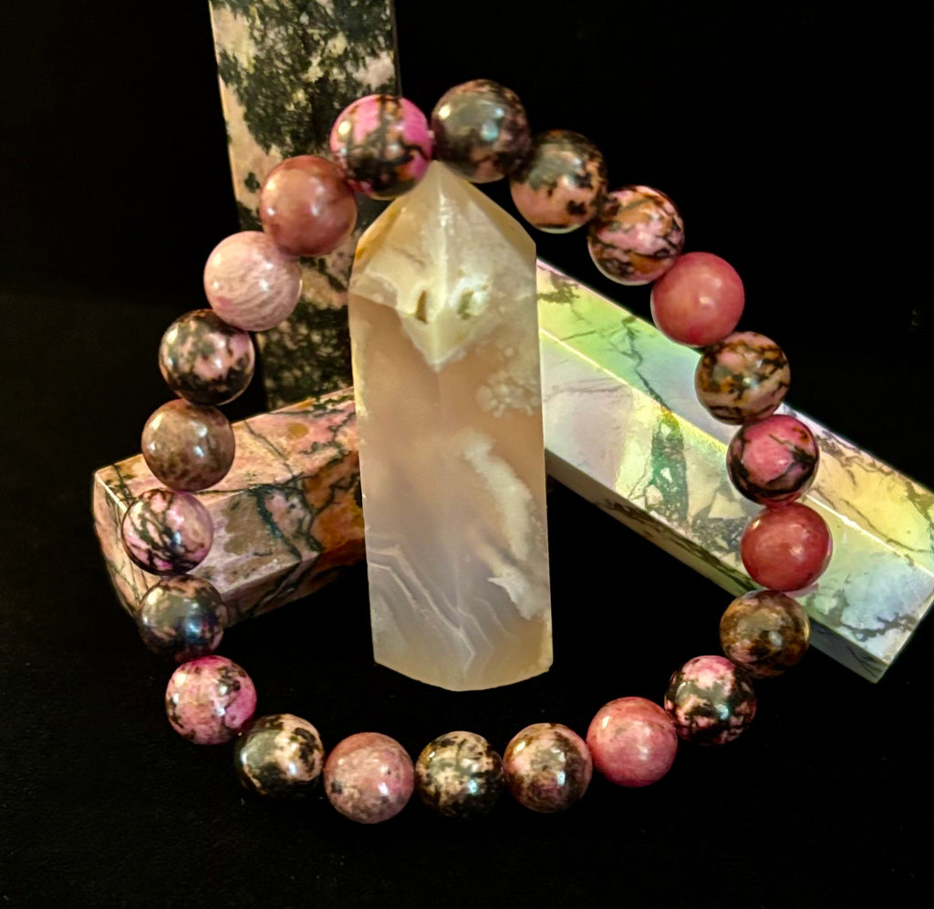 Natural Rhodonite Stone Bead Bracelet – Emotional Healing & Love Energy