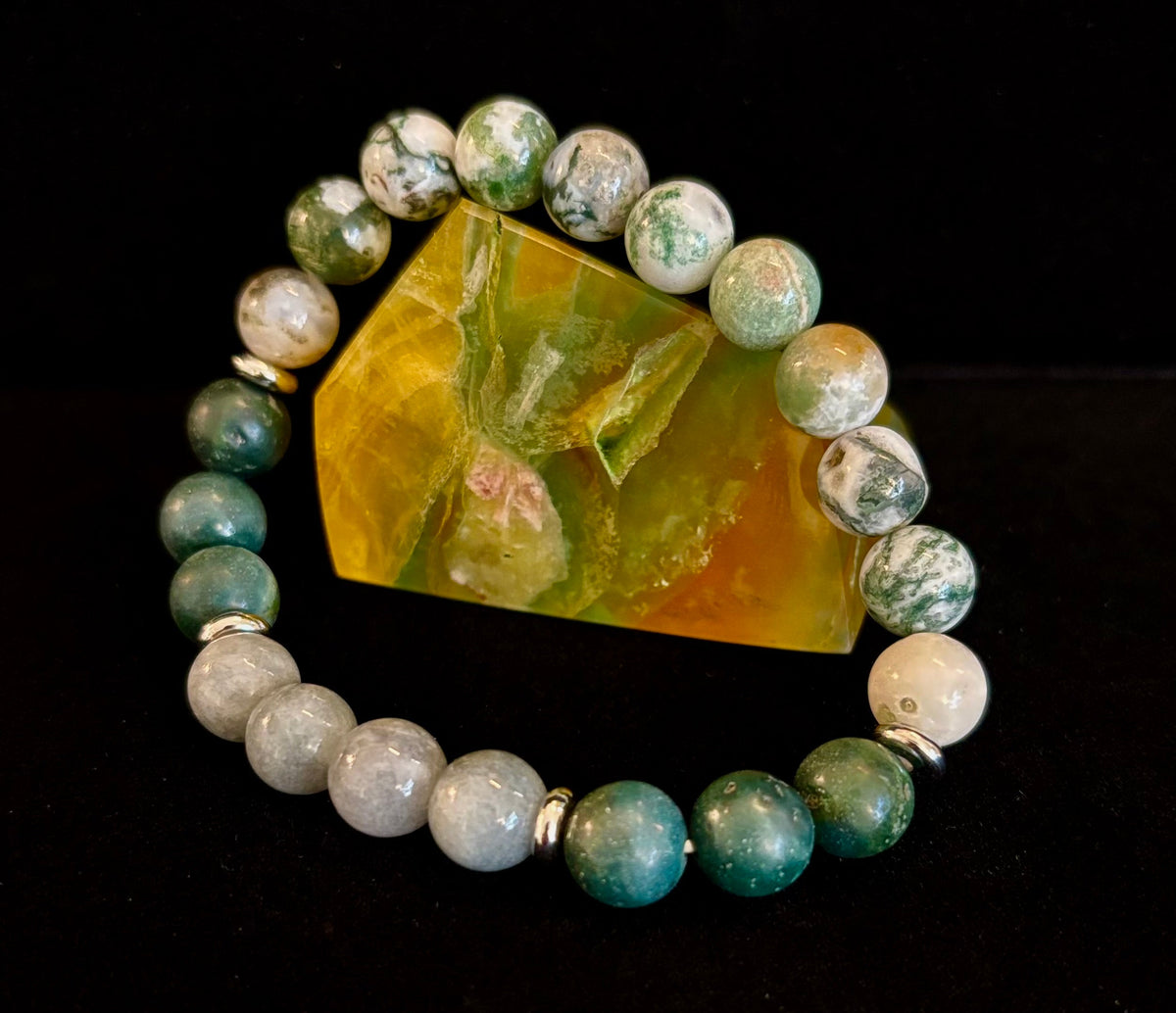 Tree Agate, Moss Agate & Burmese Jade Bracelet – Grounded Energy & New Beginnings