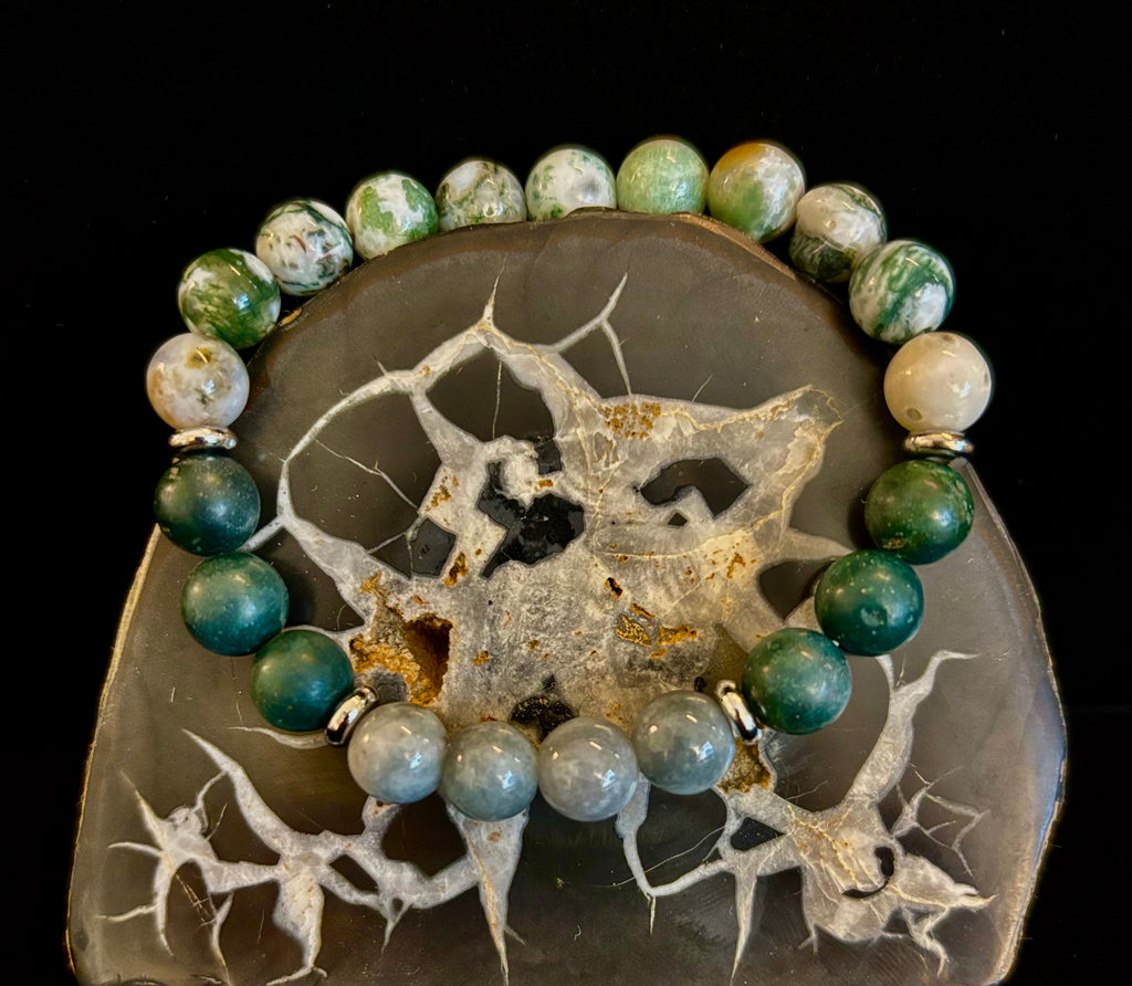 Tree Agate, Moss Agate & Burmese Jade Bracelet – Grounded Energy & New Beginnings