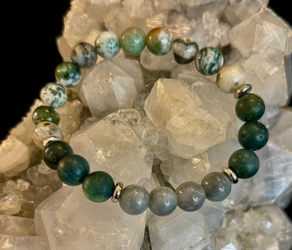 Tree Agate, Moss Agate & Burmese Jade Bracelet – Grounded Energy & New Beginnings