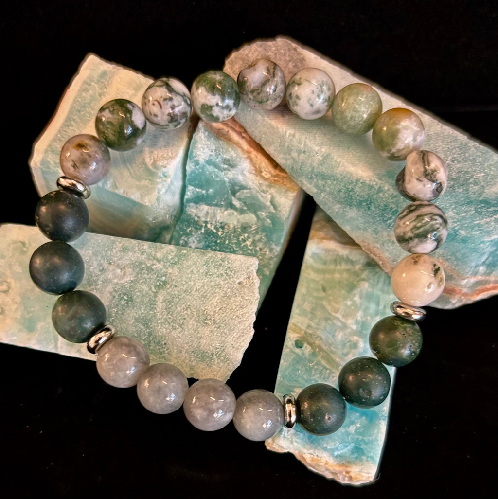 Tree Agate, Moss Agate & Burmese Jade Bracelet – Grounded Energy & New Beginnings