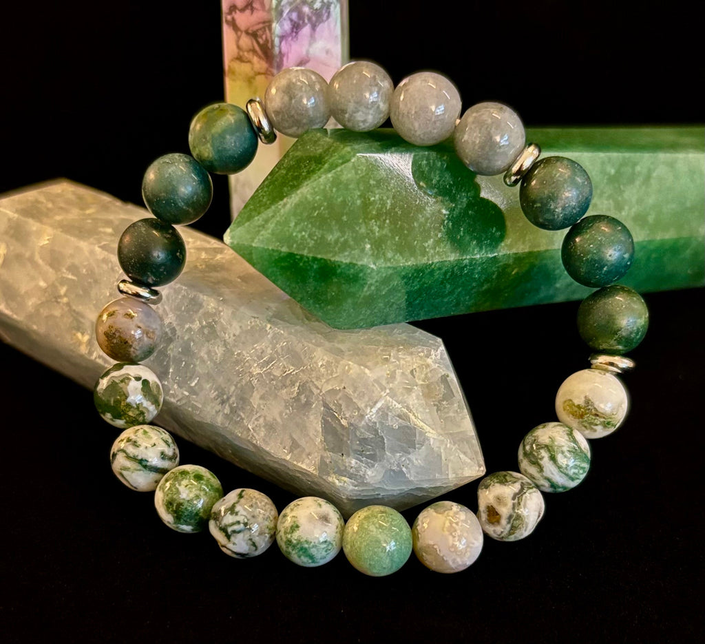 Tree Agate, Moss Agate & Burmese Jade Bracelet – Grounded Energy & New Beginnings
