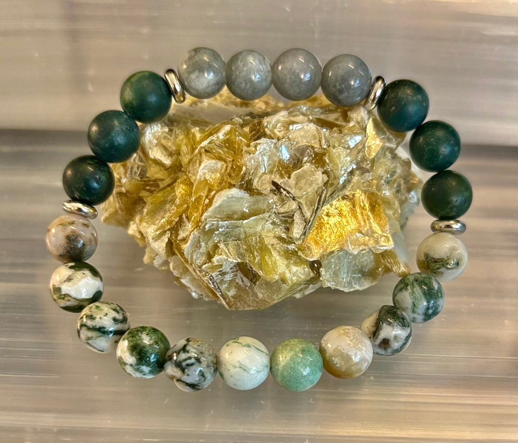 Tree Agate, Moss Agate & Burmese Jade Bracelet – Grounded Energy & New Beginnings
