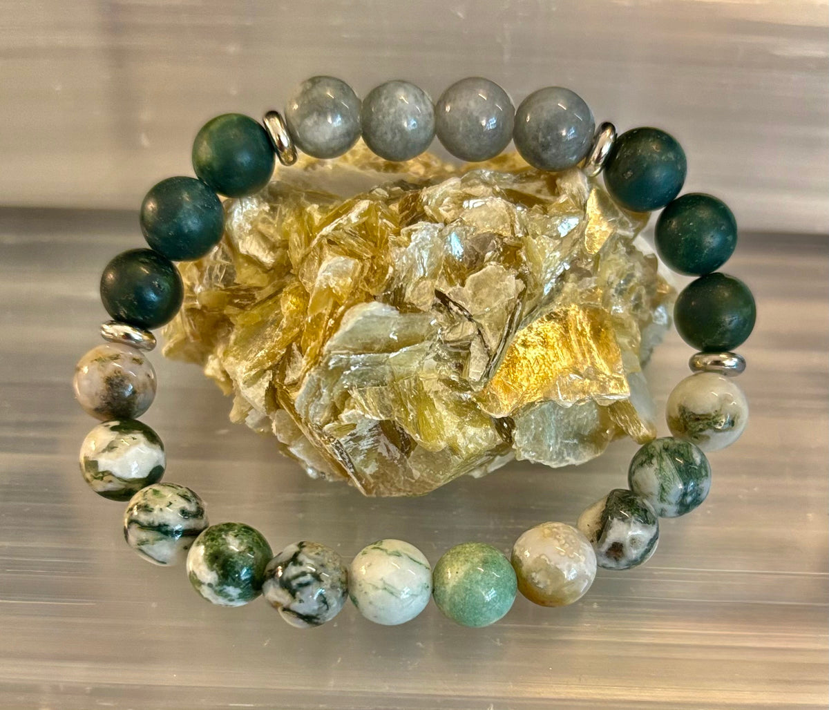 Tree Agate, Moss Agate & Burmese Jade Bracelet – Grounded Energy & New Beginnings