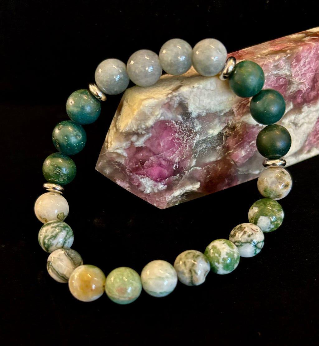 Tree Agate, Moss Agate & Burmese Jade Bracelet – Grounded Energy & New Beginnings