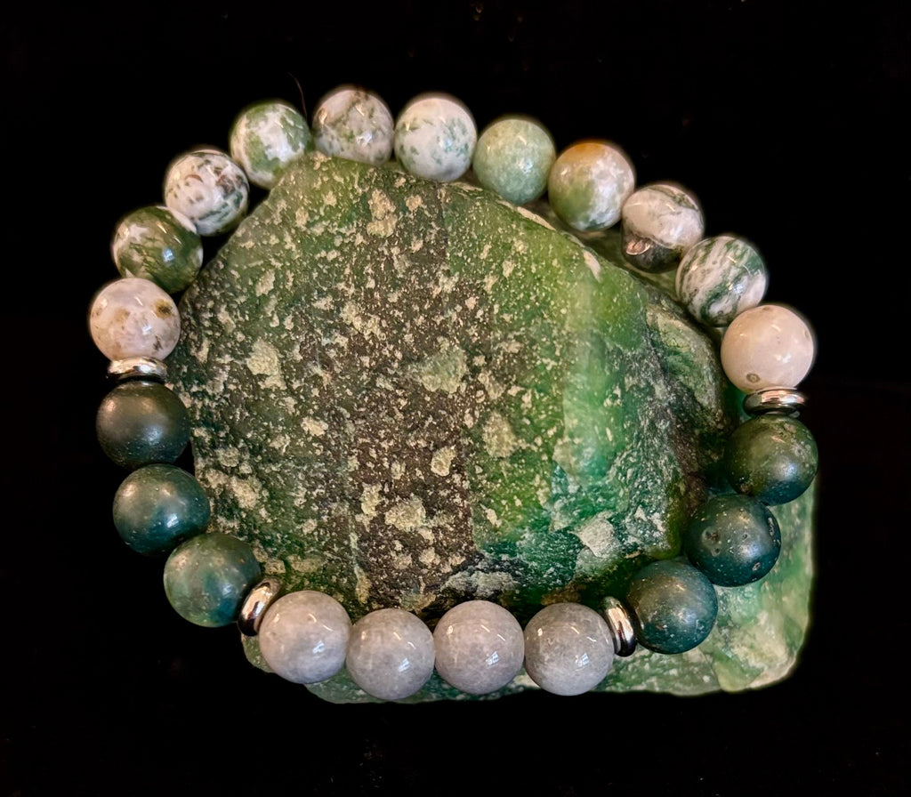 Tree Agate, Moss Agate & Burmese Jade Bracelet – Grounded Energy & New Beginnings