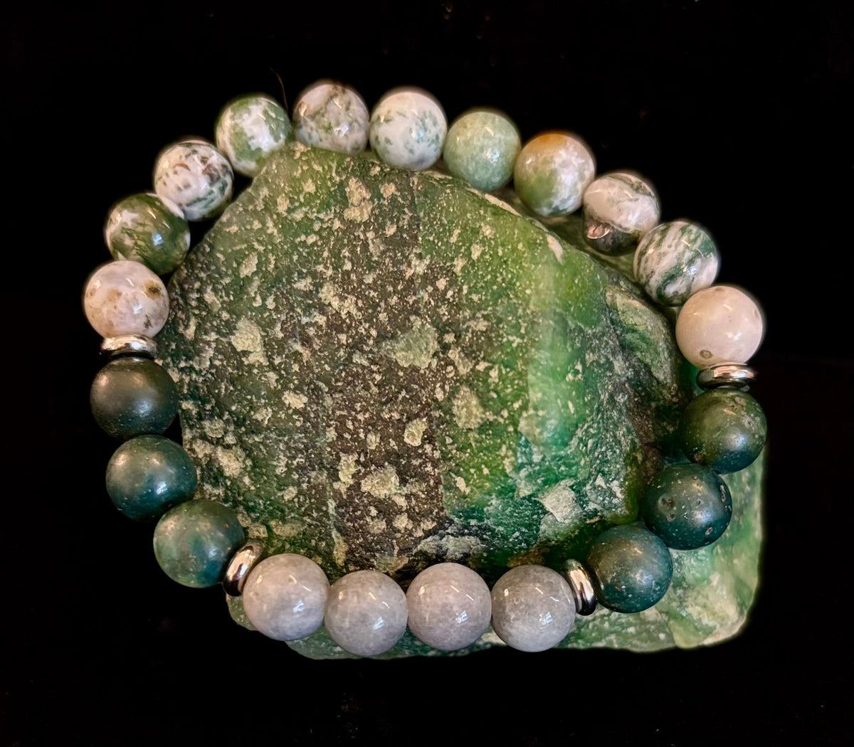 Tree Agate, Moss Agate & Burmese Jade Bracelet – Grounded Energy & New Beginnings