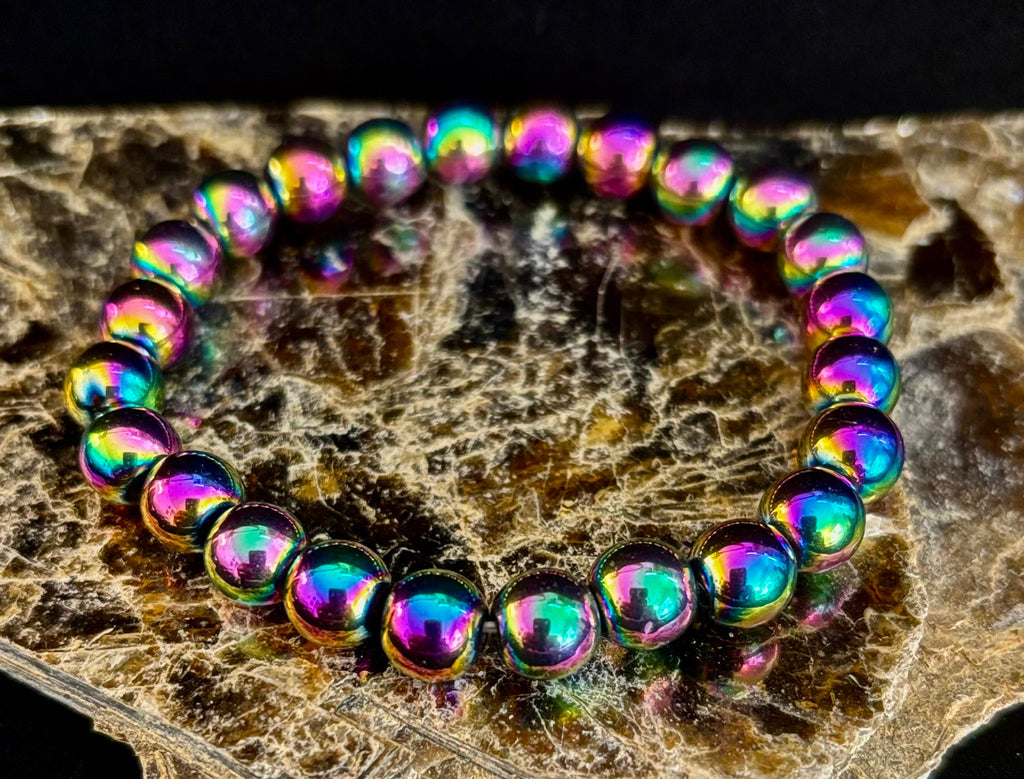 Rainbow Hematite Round Beaded Bracelet – Pride & Strength for Medium or Large Wrists