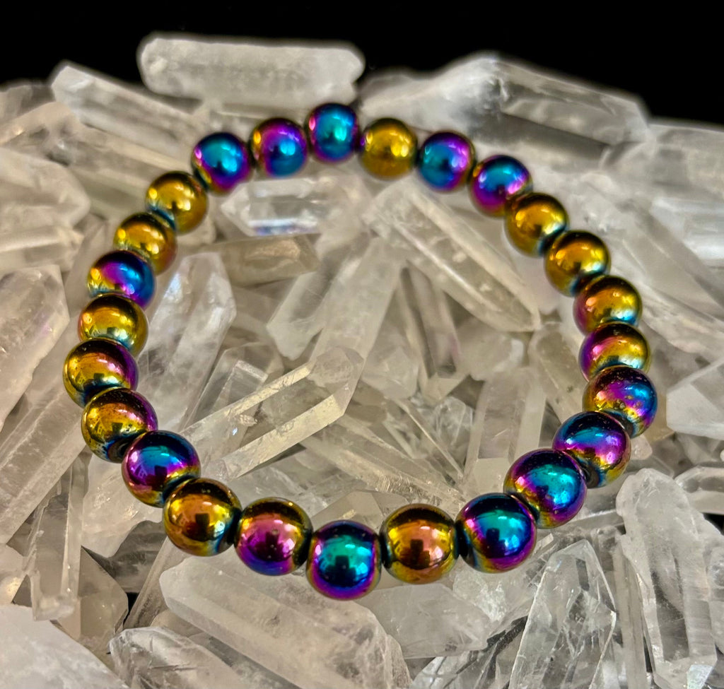 Rainbow Hematite Round Beaded Bracelet – Pride & Strength for Medium or Large Wrists