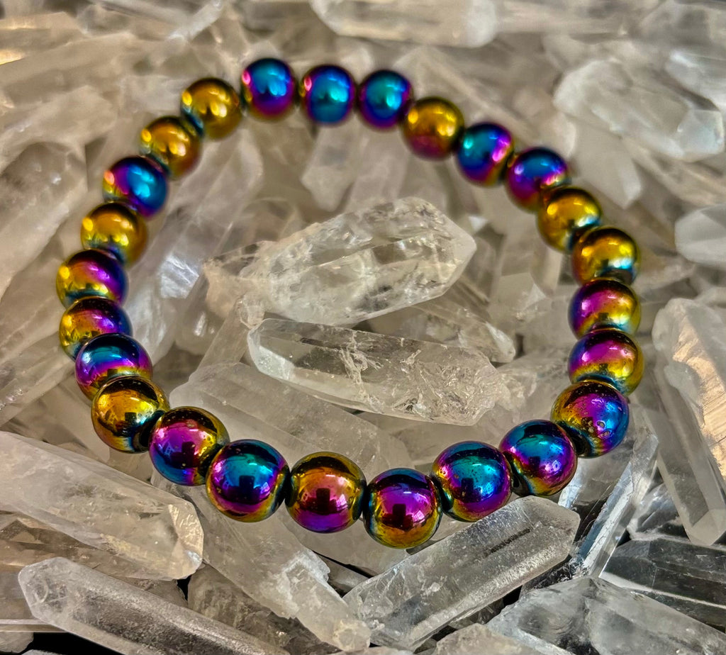 Rainbow Hematite Round Beaded Bracelet – Pride & Strength for Medium or Large Wrists
