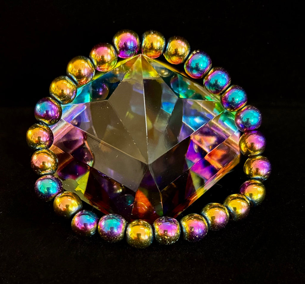 Rainbow Hematite Round Beaded Bracelet – Pride & Strength for Medium or Large Wrists