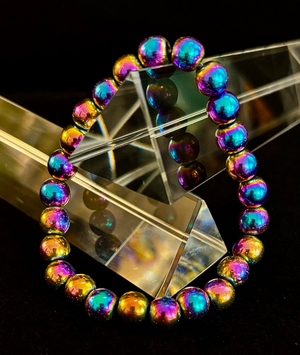 Rainbow Hematite Round Beaded Bracelet – Pride & Strength for Medium or Large Wrists